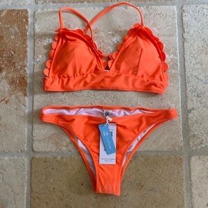 CUPSHE Bikini Cheeky Bottom ruffle top Swim Suit Beach pool summer Orange Sz M